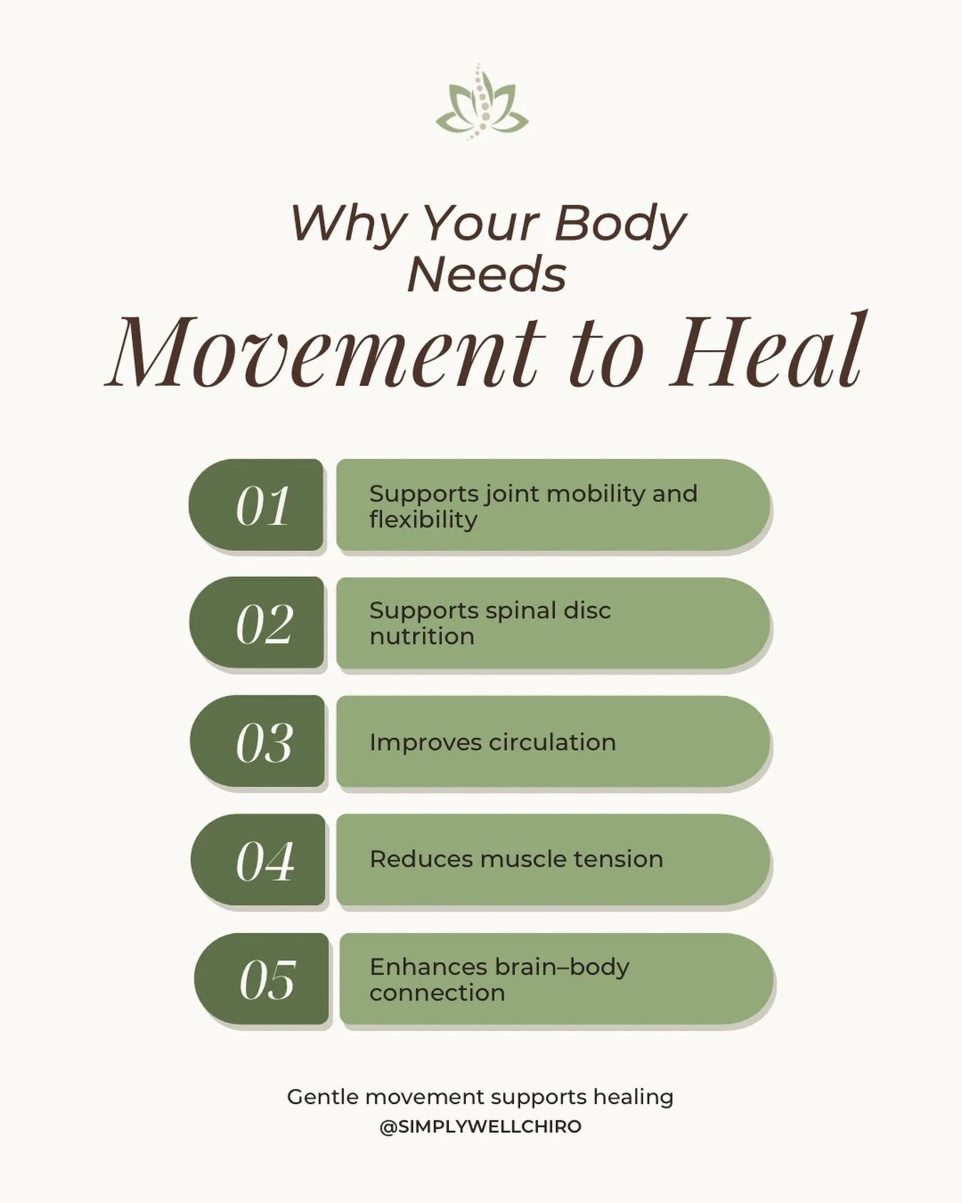 Healing doesn&rsquo;t only happen on the table, your body heals better when it moves!

Movement supports joint mobility.
Movement improves circulation.
Movement reduces tension.
Movement reconnects brain and body.

That&rsquo;s why we often recommend