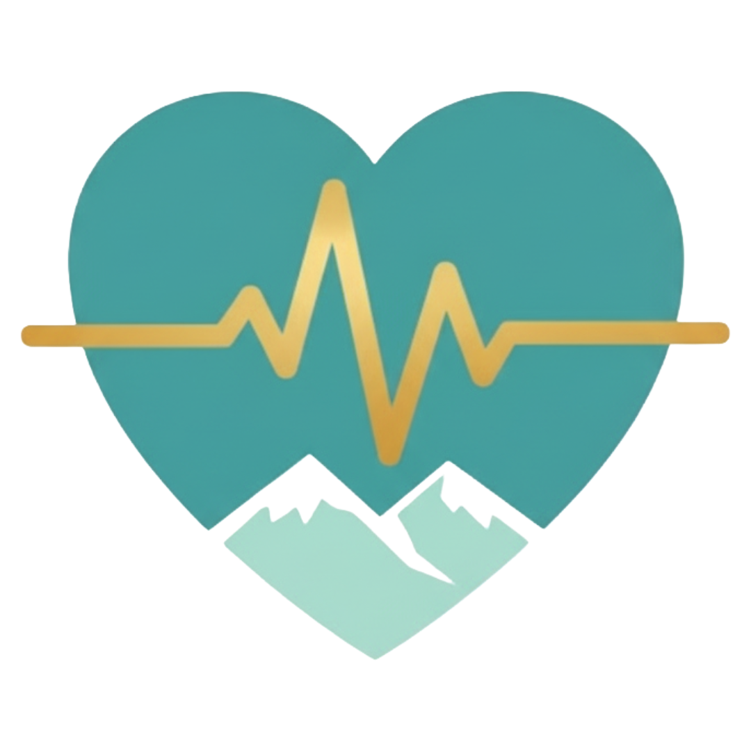 A teal heart with a yellow heartbeat line crossing through it, and a white mountain range silhouette below.