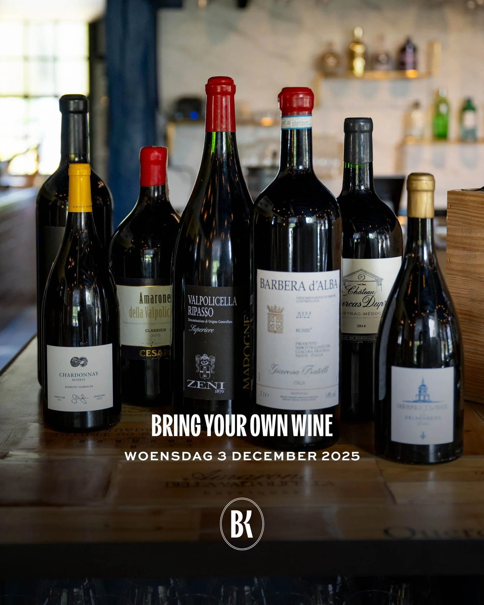 BRING YOUR OWN WINE 🍷 | 3 DECEMBER

Jij brengt de wijn.
Wij doen de rest.

Op woensdag 3 december schuif je aan voor een nieuwe editie van Bring Your Own Wine. Een avond aan &eacute;&eacute;n lange tafel, gevuld met mooie flessen, fijne verhalen en 