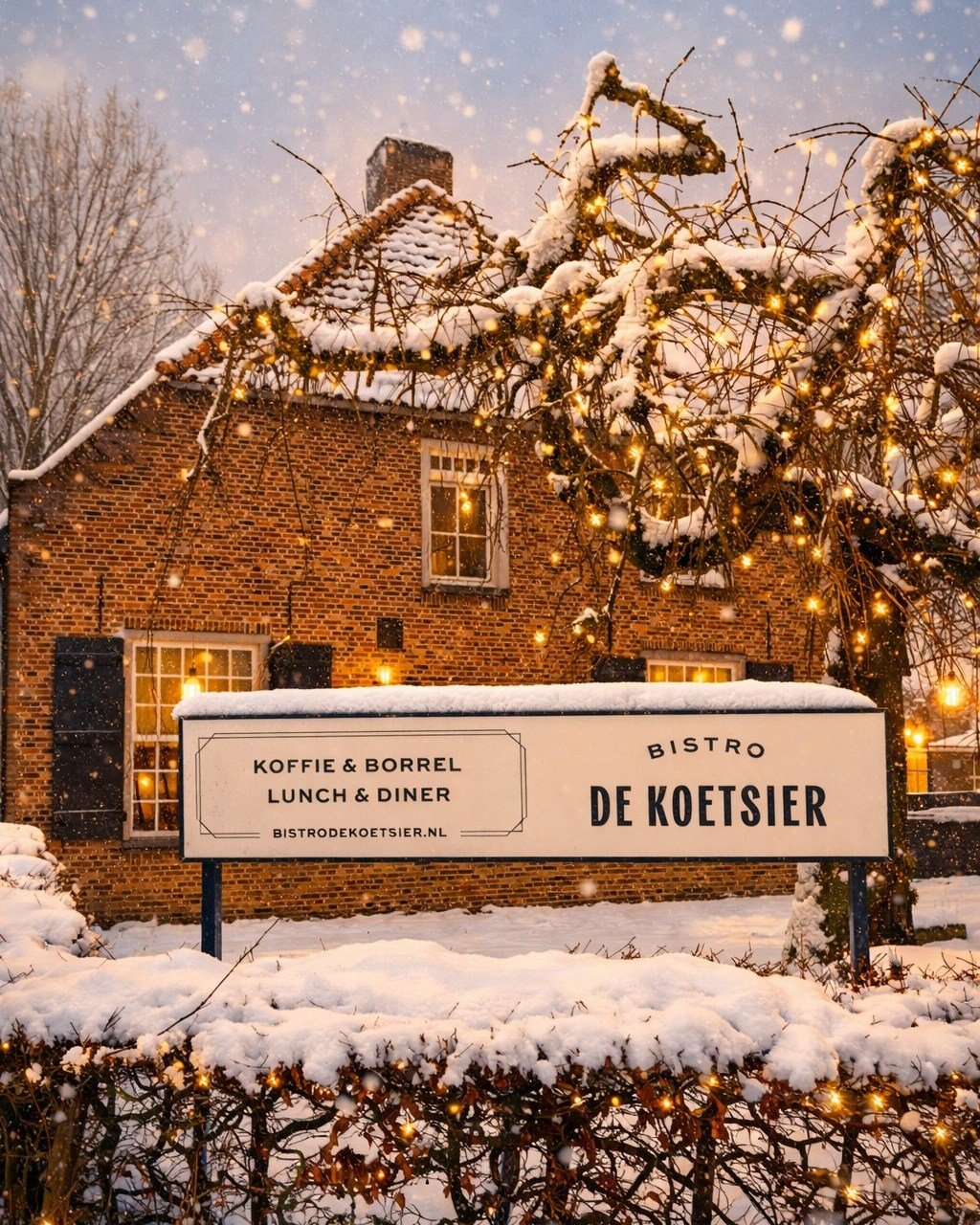 We genieten van de mooie winterse plaatjes: mooi, maar niet zonder uitdagingen. Blijf warm, wees voorzichtig onderweg. Wij zijn nog gesloten tot en met woensdag 7 januari. Donderdag 8 januari verwelkomen we je graag weer bij Bistro De Koetsier.

📍 D