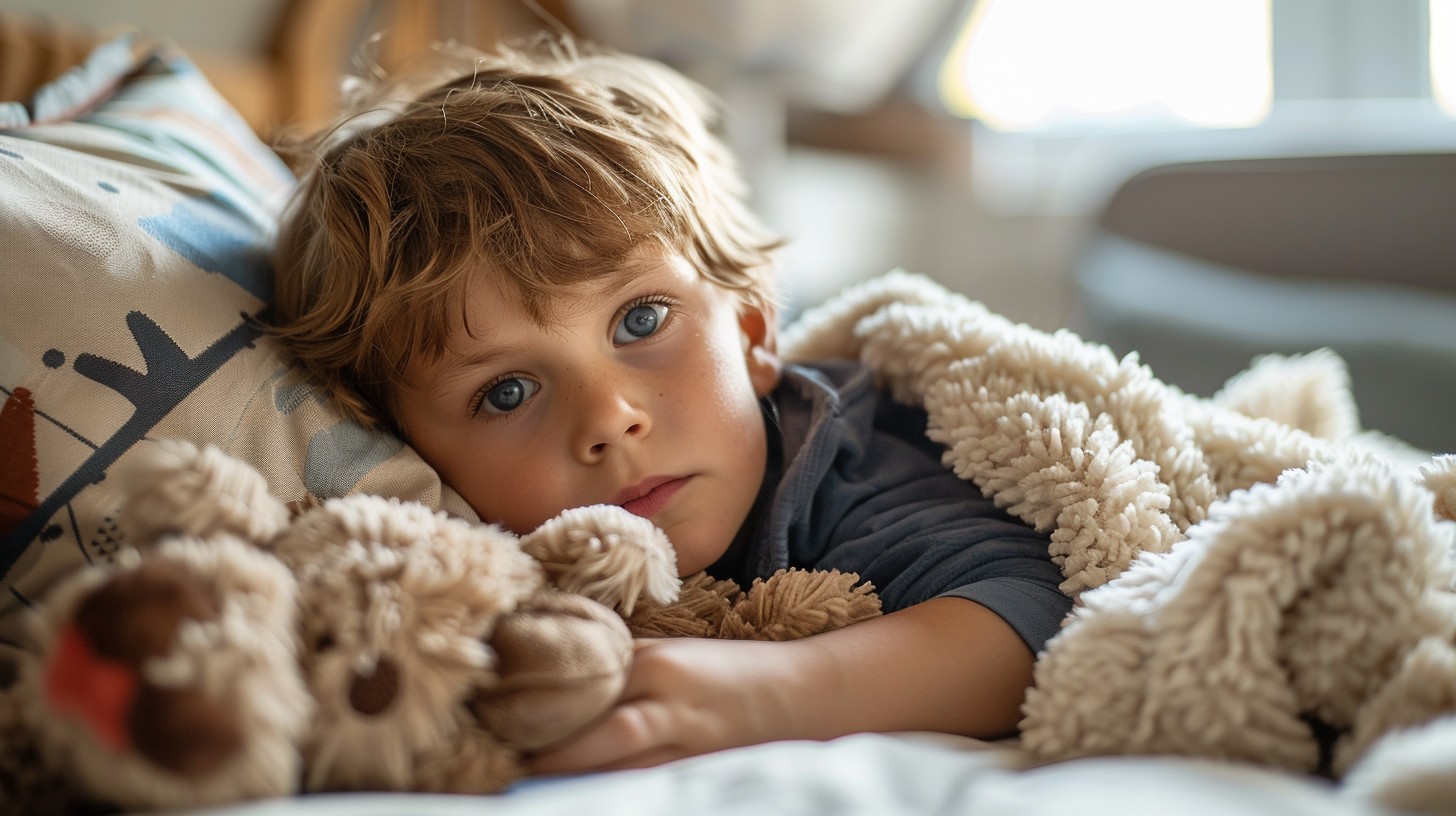 A young boy with tousled blond hair and blue eyes lying in bed, resting his head on a pillow, covered with a fluffy beige blanket, looking directly at the camera.