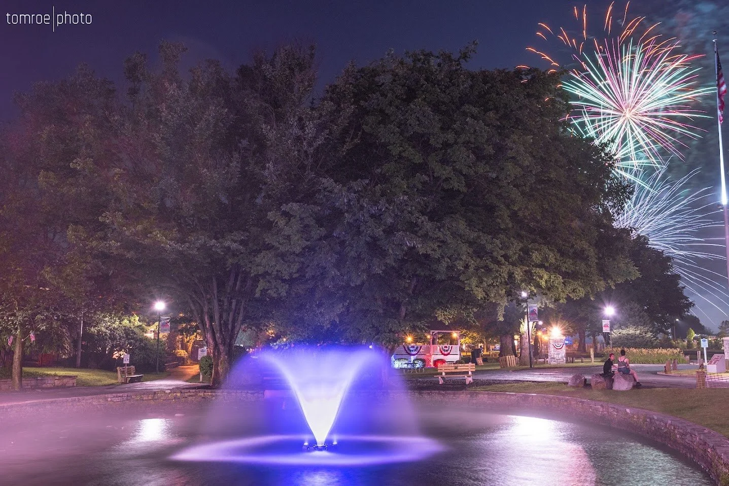 Fireworks exploding in the night sky over a park with a lit fountain in a pond, trees, benches, and people sitting and walking.