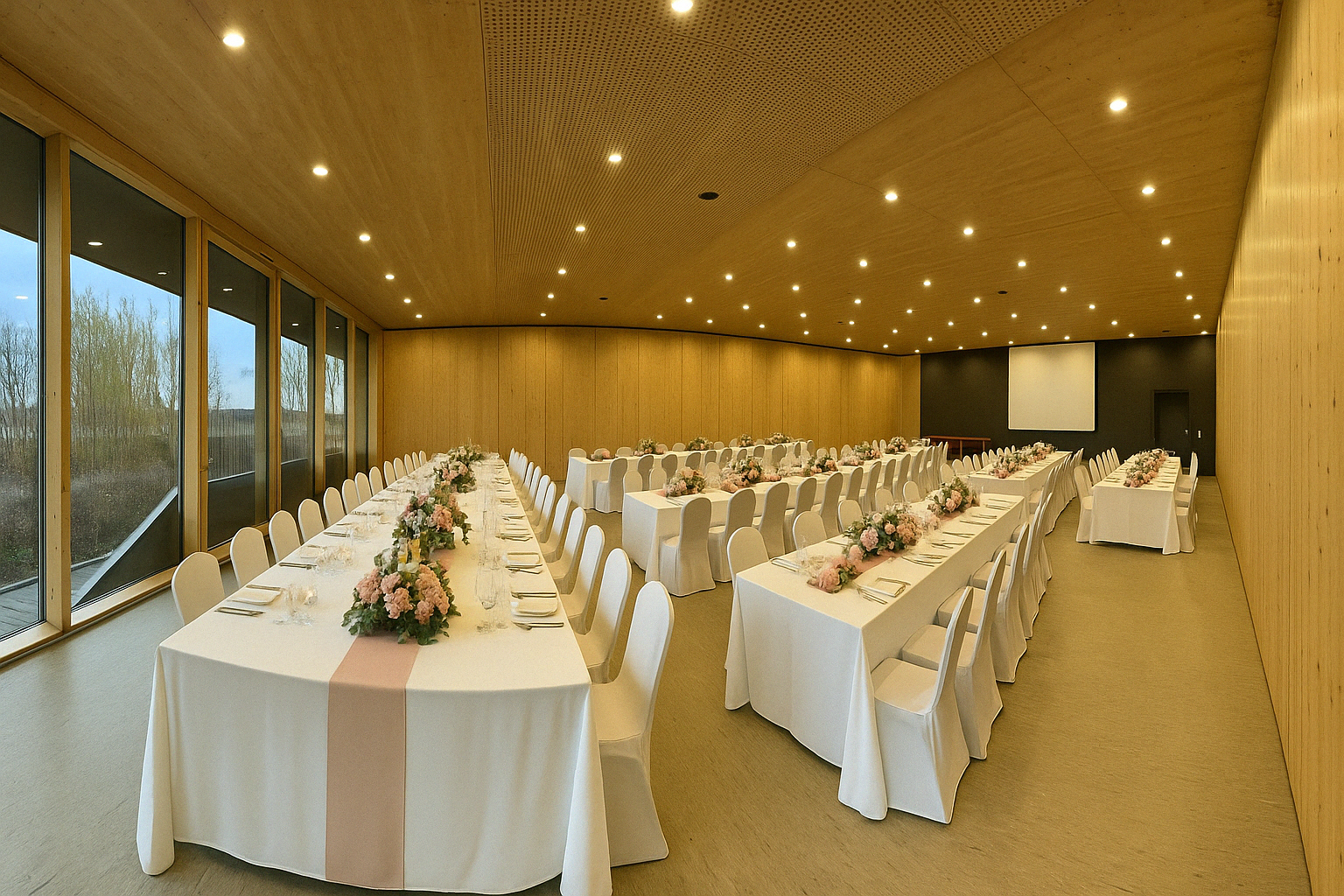 Eleganter Saal mit weißen Tischen und Stühlen, gedeckt für eine Veranstaltung, mit Blumen-Arrangements und Teppichläufern, großem Bildschirm an der Wand, viel natürlichem Licht durch Fenster 