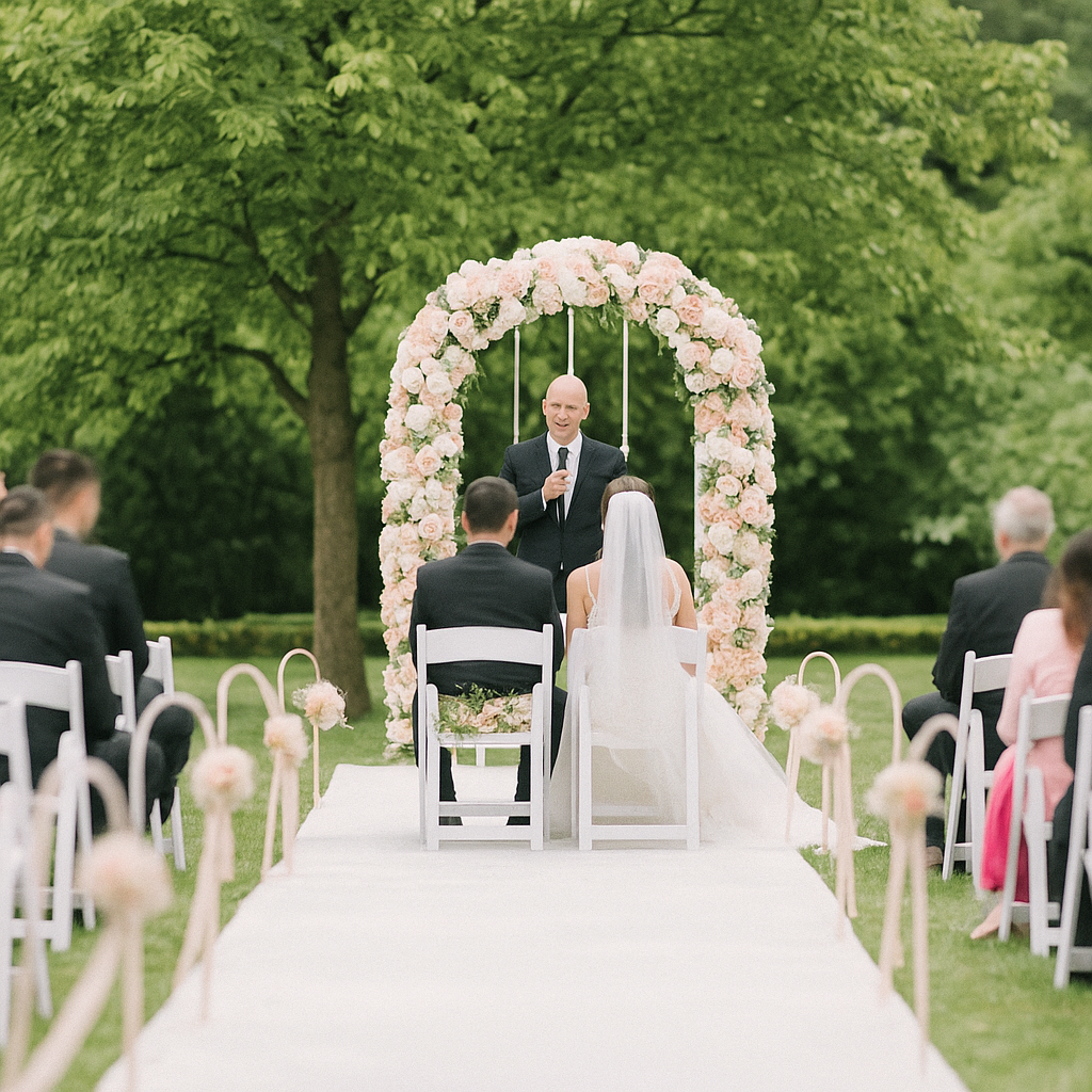 Eine Hochzeitszeremonie im Freien, mit Braut und Bräutigam sitzend vor einem gesteckten Blümchenbogen, während ein Mann eine Rede hält, umgeben von Gästen.