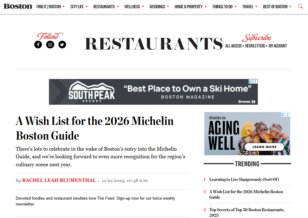 Boston Magazine: A Wish List for the 2026 Michelin Boston Guide
