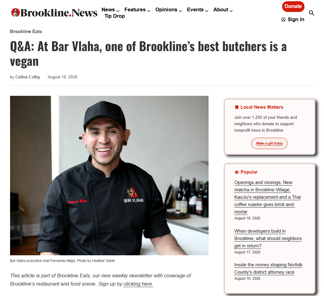 Brookline News: Q&amp;A: At Bar Vlaha, one of Brookline’s best butchers is a vegan 
