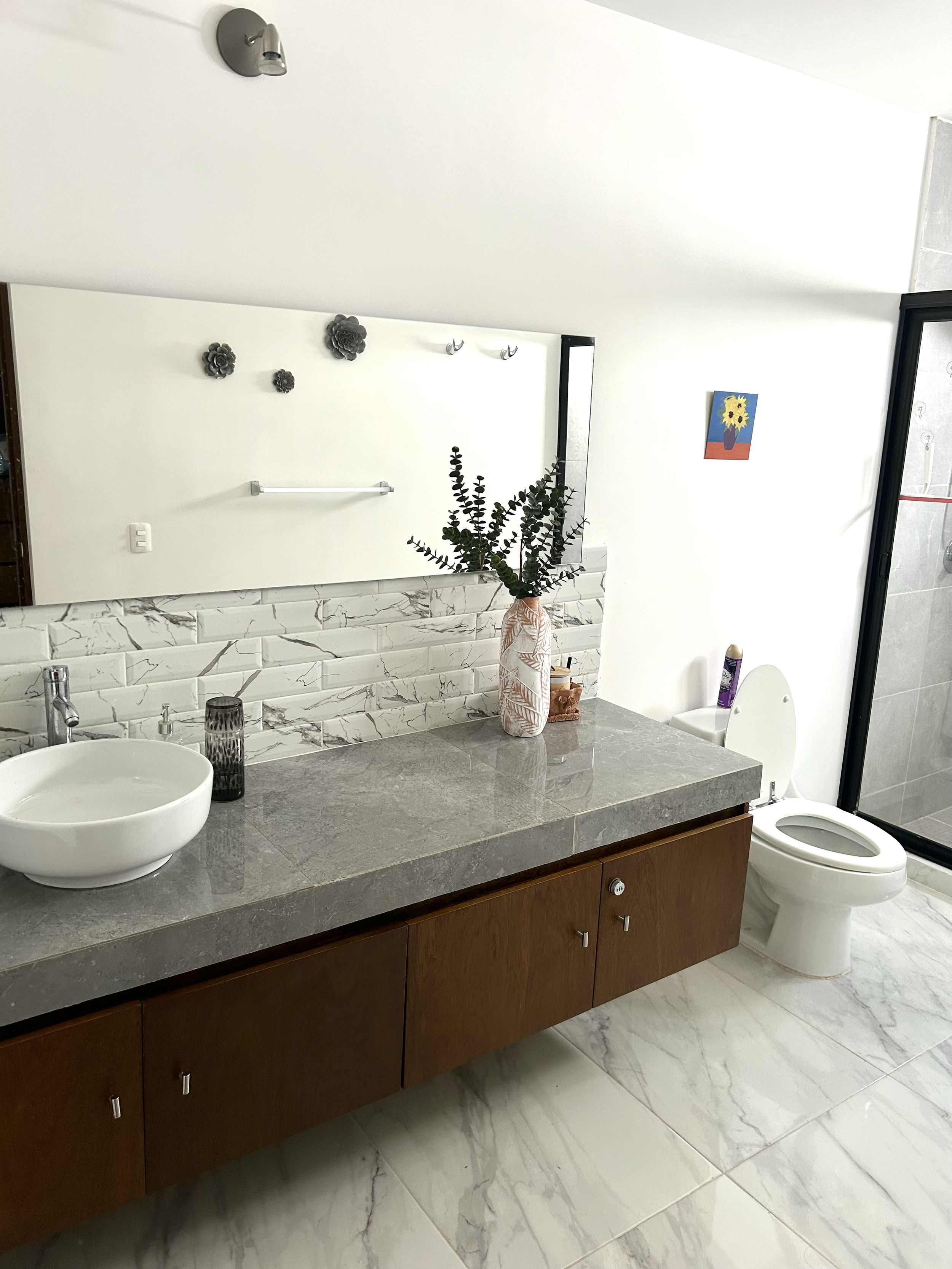 A modern bathroom featuring a marble countertop with a round white vessel sink, a large mirror, and a toilet. Decor includes a vase with greenery and small decorative items. There's a small framed artwork on the wall, and a shower with a glass enclos
