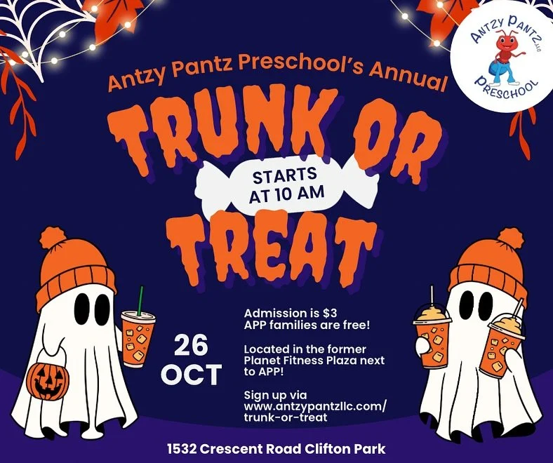 🎃 Trunk or Treat at Antzy Pantz! 👻

Join us Saturday, October 26th at 10 AM for our annual Trunk or Treat &mdash; a fun, festive morning full of costumes, candy, and creativity!

✨ Students &mdash; come dressed in your favorite costumes!
🚗 Parents