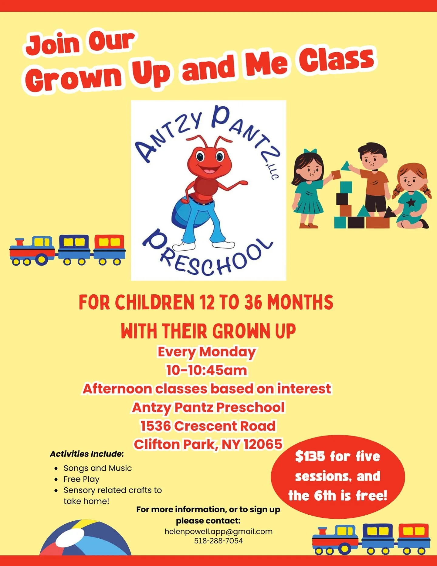✨ Join Us for &ldquo;Grown Up and Me&rdquo; Classes at Antzy Pantz Preschool! ✨

Looking for a fun and engaging way to bond with your little one? Our &ldquo;Grown Up and Me&rdquo; classes are perfect for children 36 months and younger to explore, pla