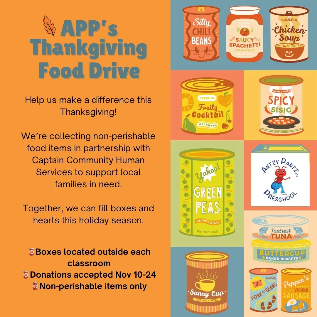 APP's Thankgiving Food Drive!!

Help us make a difference this Thanksgiving!

We're collecting non-perishable food items in partnership with @captaincares to support local families in need.

Together, we can fill boxes and hearts this holiday season.