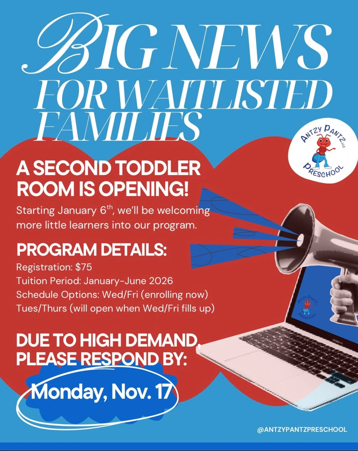 Hi Waitlisted Tot Families!

We have some exciting news! 🎉

Starting January 7th, we&rsquo;ll be opening a second toddler room to welcome more little learners into our program! 🧸

Due to our extensive waitlist, we kindly ask that interested familie