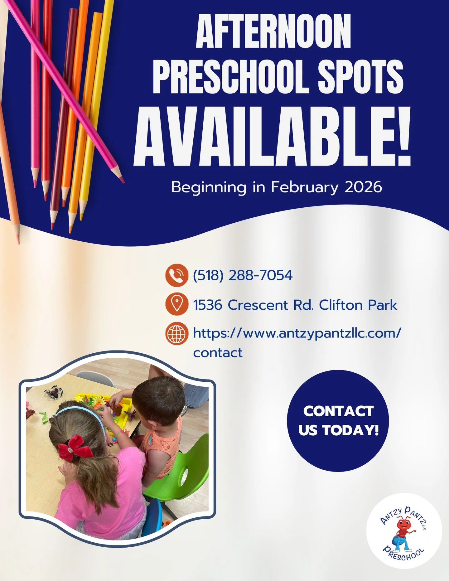 Afternoon preschool spots are OPEN! 🎉
Antzy Pantz Preschool is now enrolling for afternoon sessions - beginning Feb 2026

📞 518-288-7054
📝 antzypantzllc.com/contact

Spots are limited &mdash; reach out today!

#CliftonParkNY #LearningThroughPlay #
