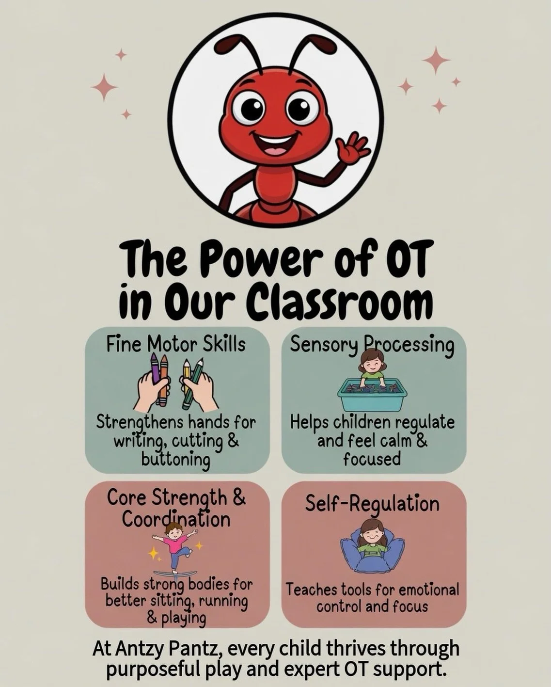 Discover how Occupational Therapy (OT) helps our little ones thrive at Antzy Pantz Preschool! ✨

From building strong fine motor skills for writing and cutting, to supporting sensory regulation and emotional control &mdash; every activity is thoughtf