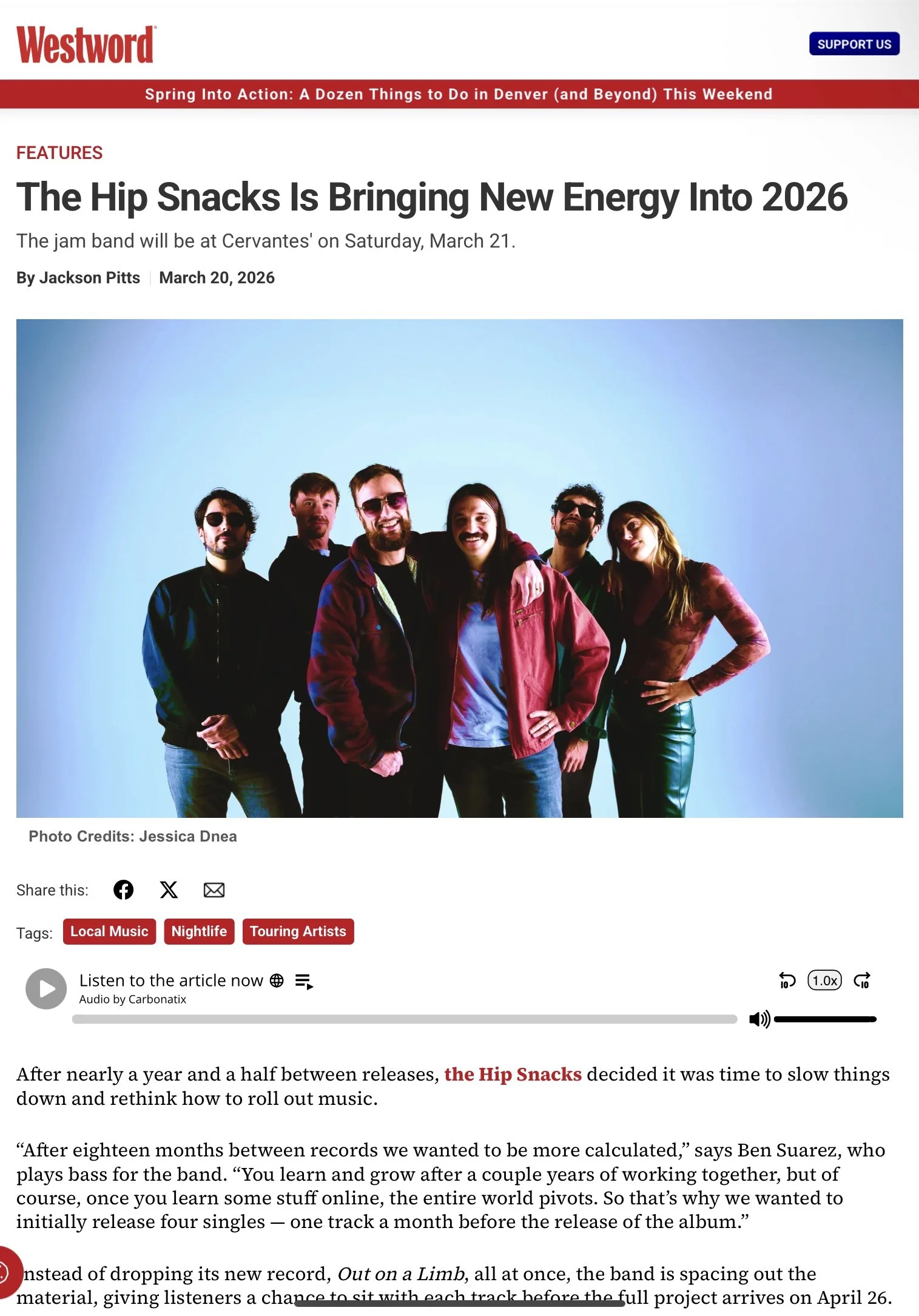Westword Magazine  The Hip Snacks Bringing New Energy Into…(March 20, 2026)  Role: Lead Photo Credit