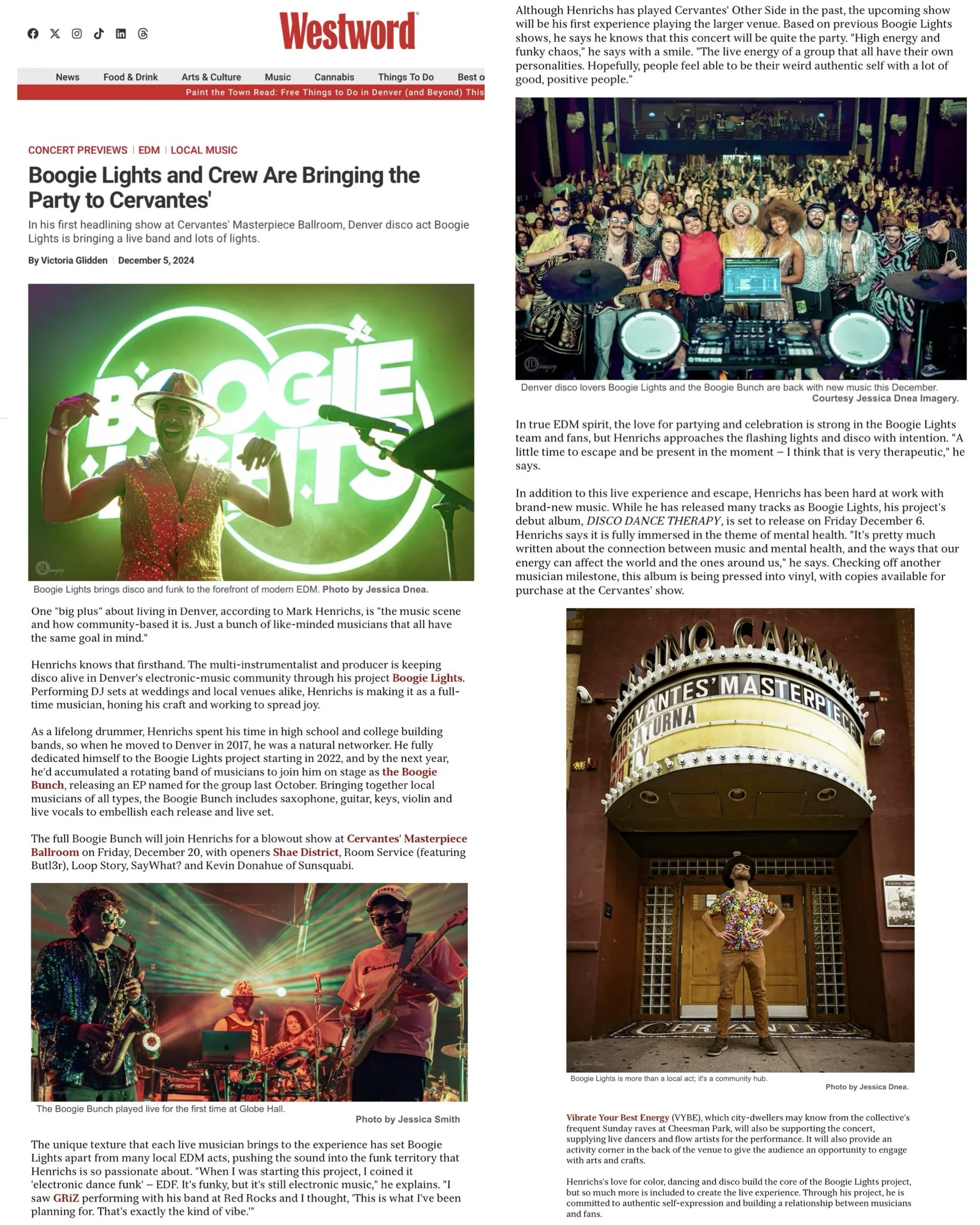 Boogie Lights concert and press photography in Denver published by Westword for live music promotion.