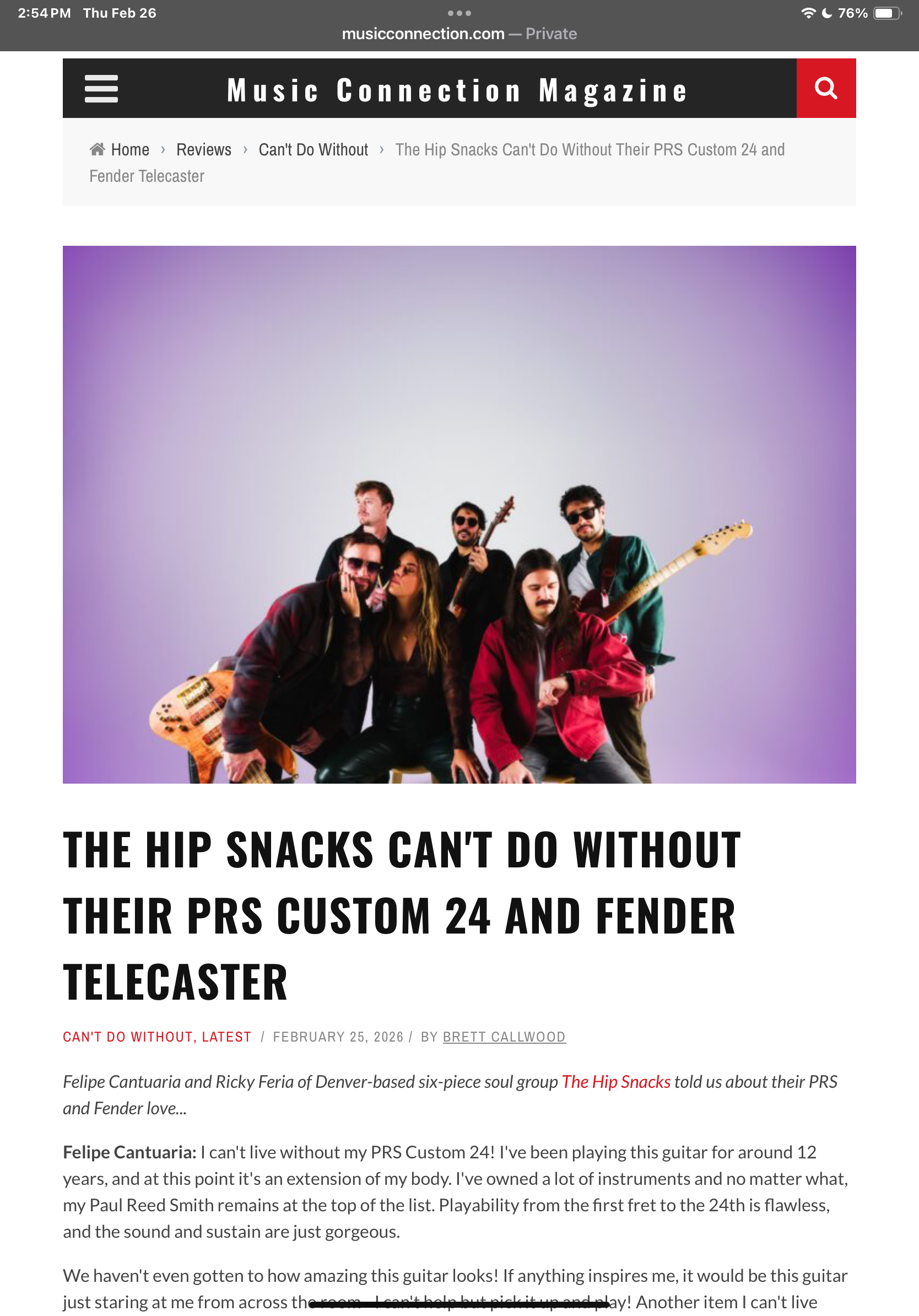 Music Connection Magazine  The Hip Snacks Can’t Do Without Their PRS Custom 24…(Feb 25, 2026)  Role: Lead Photo Credit