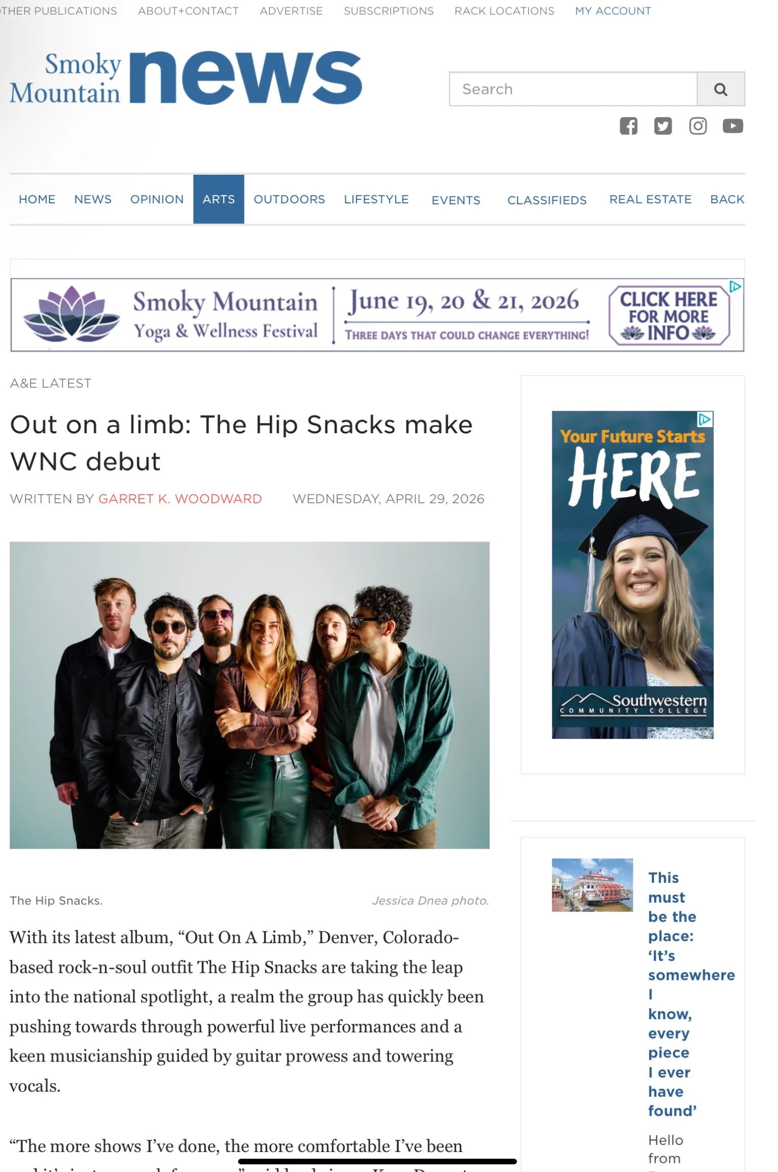 Smoky Mountain News  Out on a limb: The Hip Snacks make WNC debut…(April 29, 2026)  Role: Lead Photo Credit