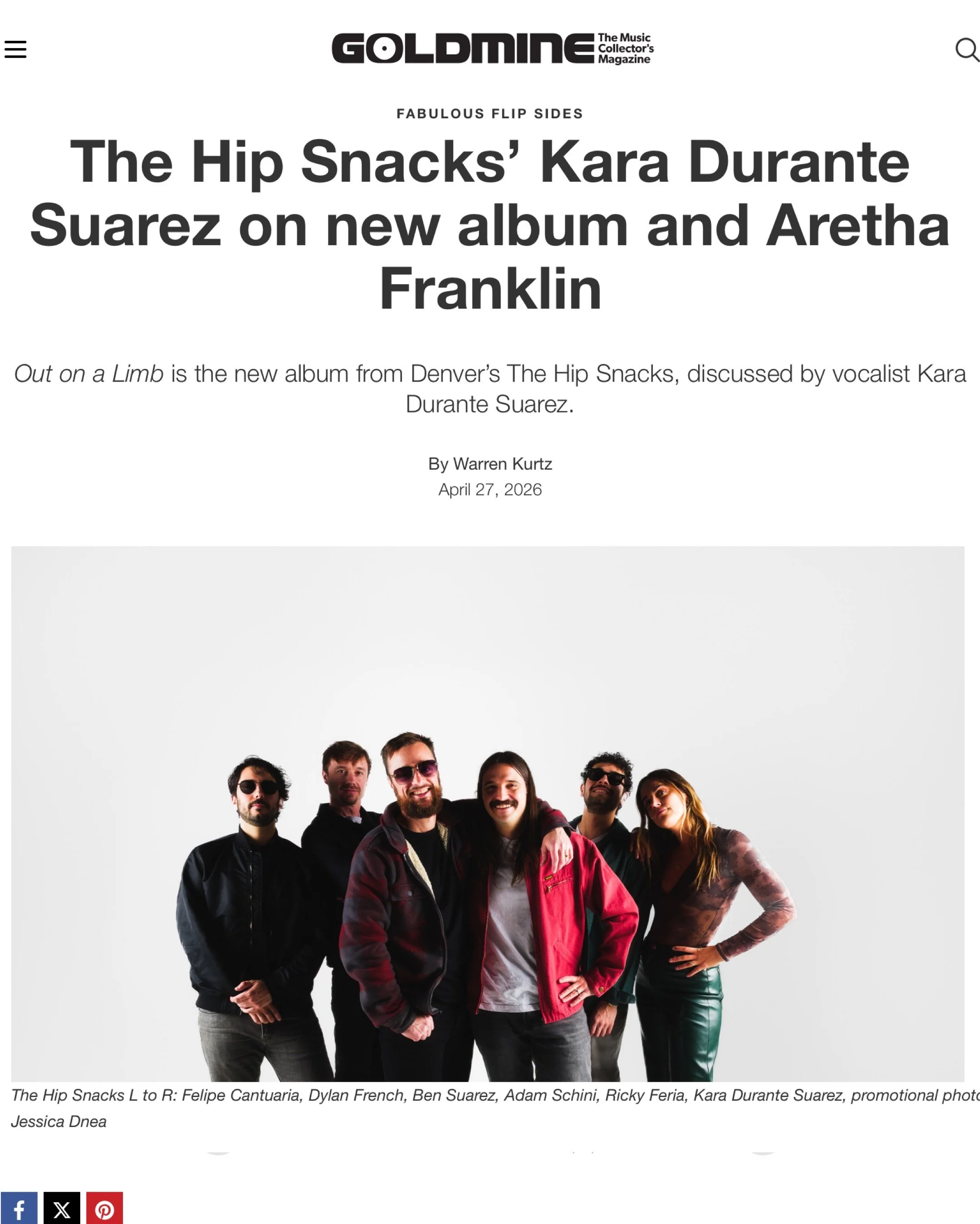 Goldmine Magazine  The Hip Snacks’ Kara Durante Suarez on New Album…(April 27, 2026)  Role: Lead Photo Credit