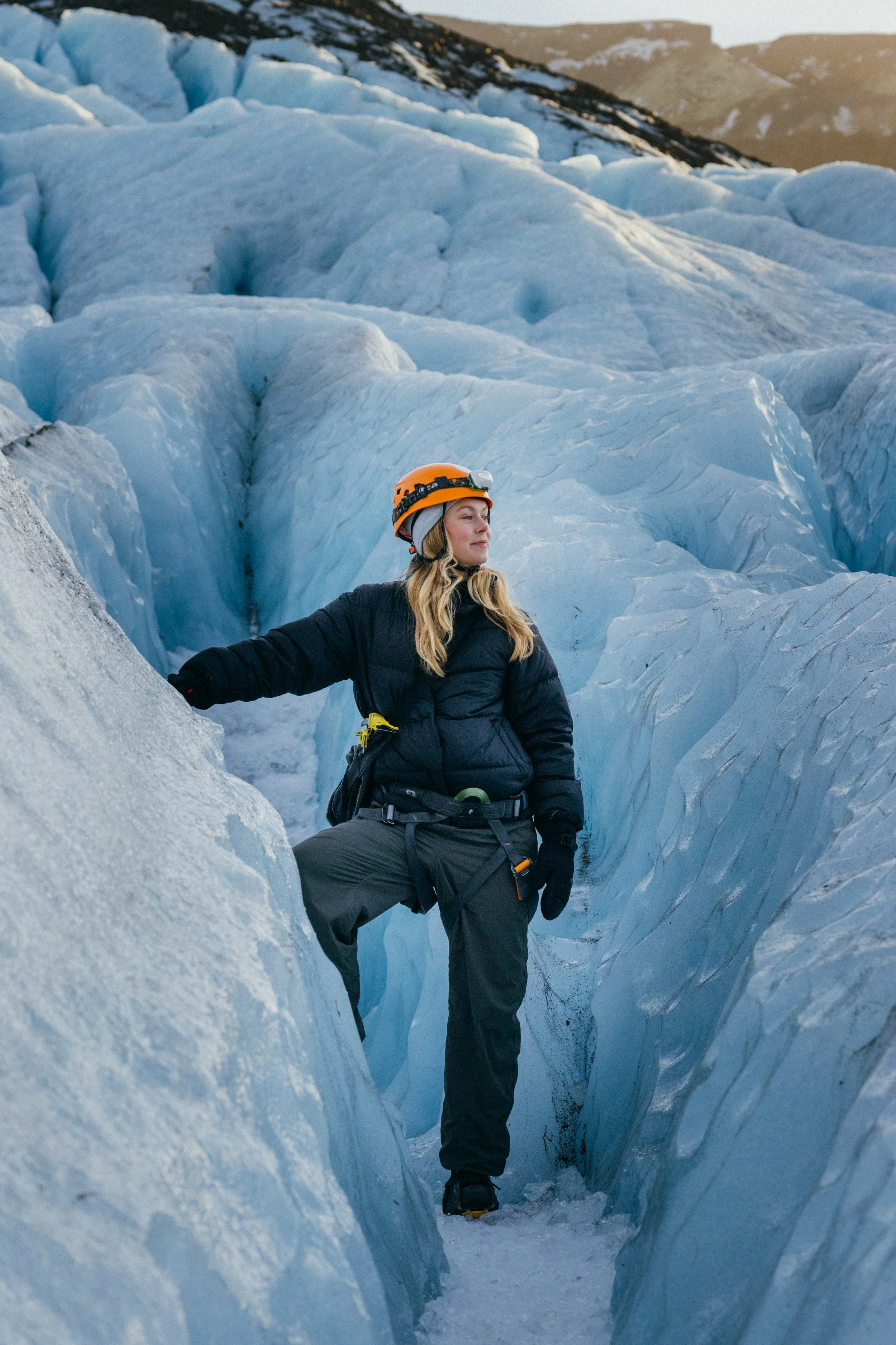 Blue ice formations during a glacier hike in Iceland