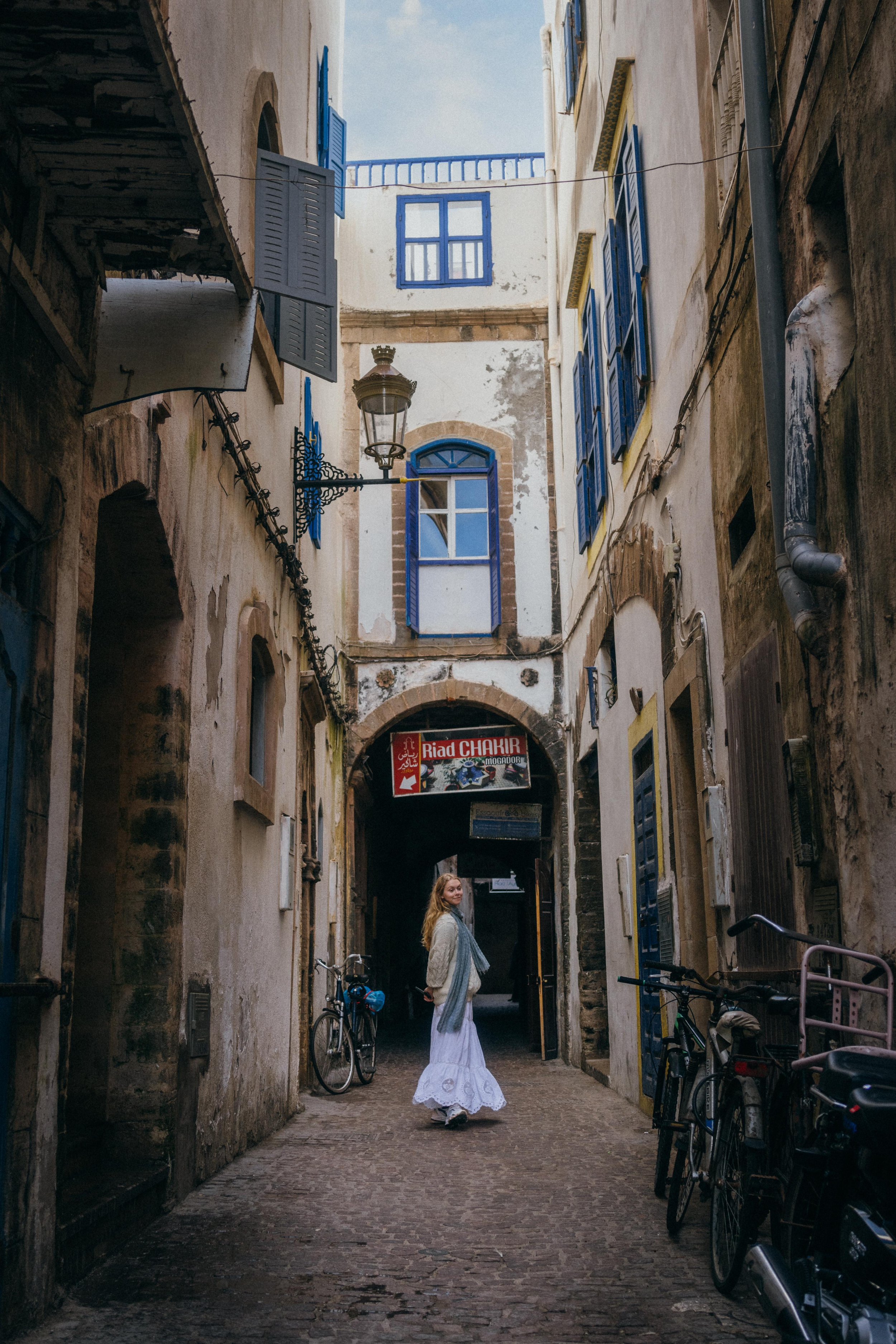 Narrow street in a traditional Moroccan medina