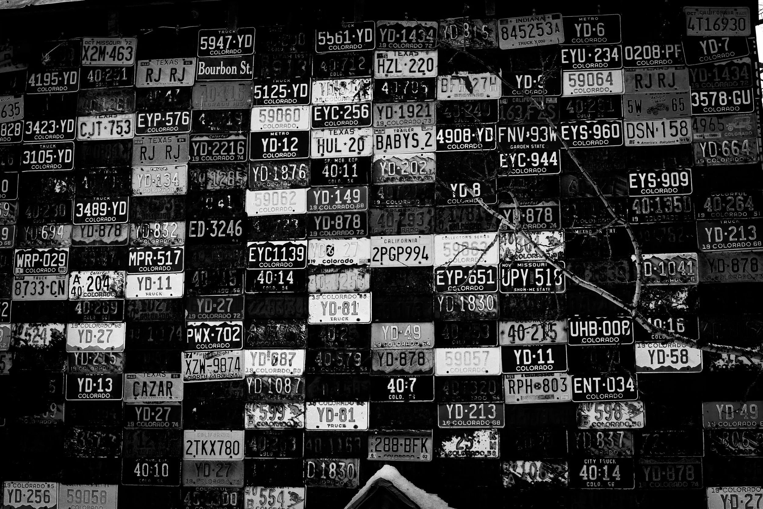 Black and white photo of a wall covered with vintage license plates from various states.