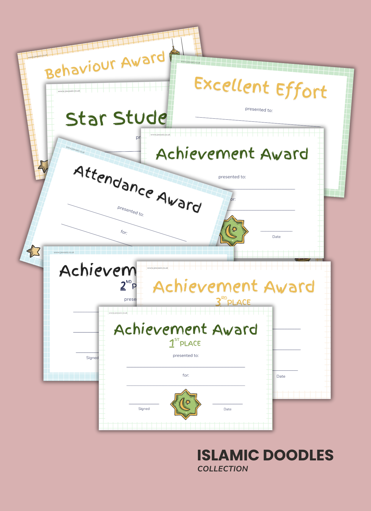 Collection of colorful achievement awards with titles such as 'Behaviour Award,' 'Excellent Effort,' 'Star Student,' 'Achievement Award,' and 'Attendance Award' arranged on a pink background.