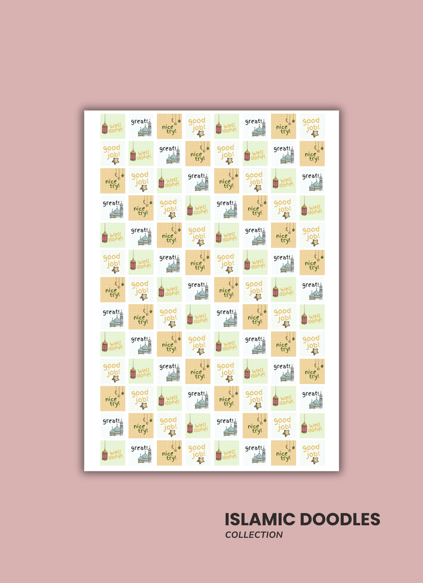A collection of Islamic-themed doodles with motivational words like "great!", "nice try!", "good job!", "well done!", and "great!". The doodles include illustrations of mosques, lanterns, stars, and coins on a grid background. The image is titled "Is