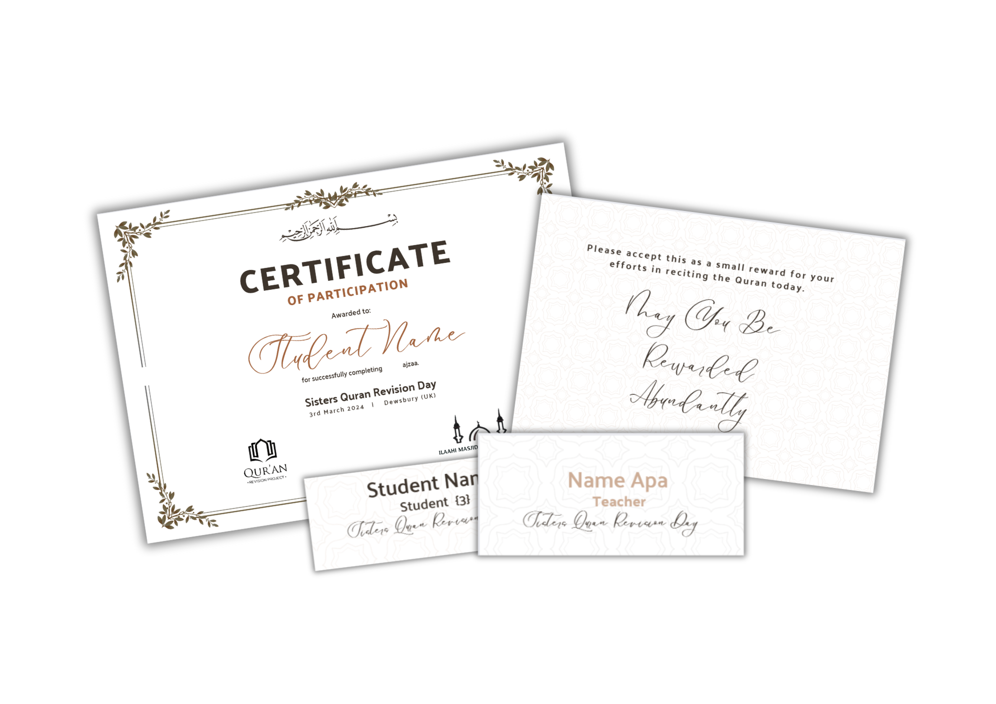 Collection of certificates and a reward card for Quran recitation, featuring decorative borders and elegant fonts.
