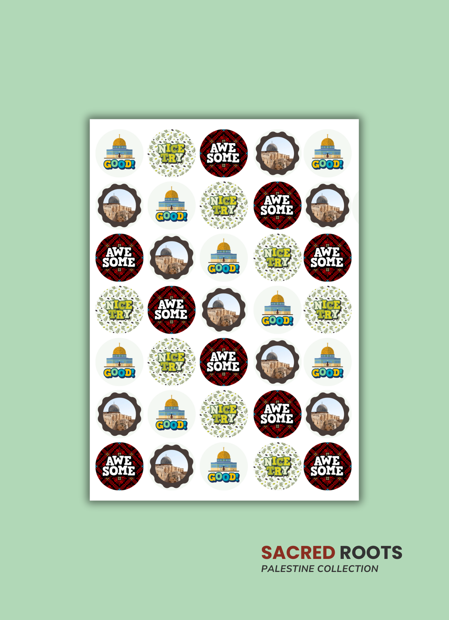 A sheet of decorative stickers with patterns and symbols, including images of a building with a dome, the words "Good!", "Nice Try", "Awesome", and assorted geometric and floral designs. The sheet is labeled "Sacred Roots Palestine Collection."