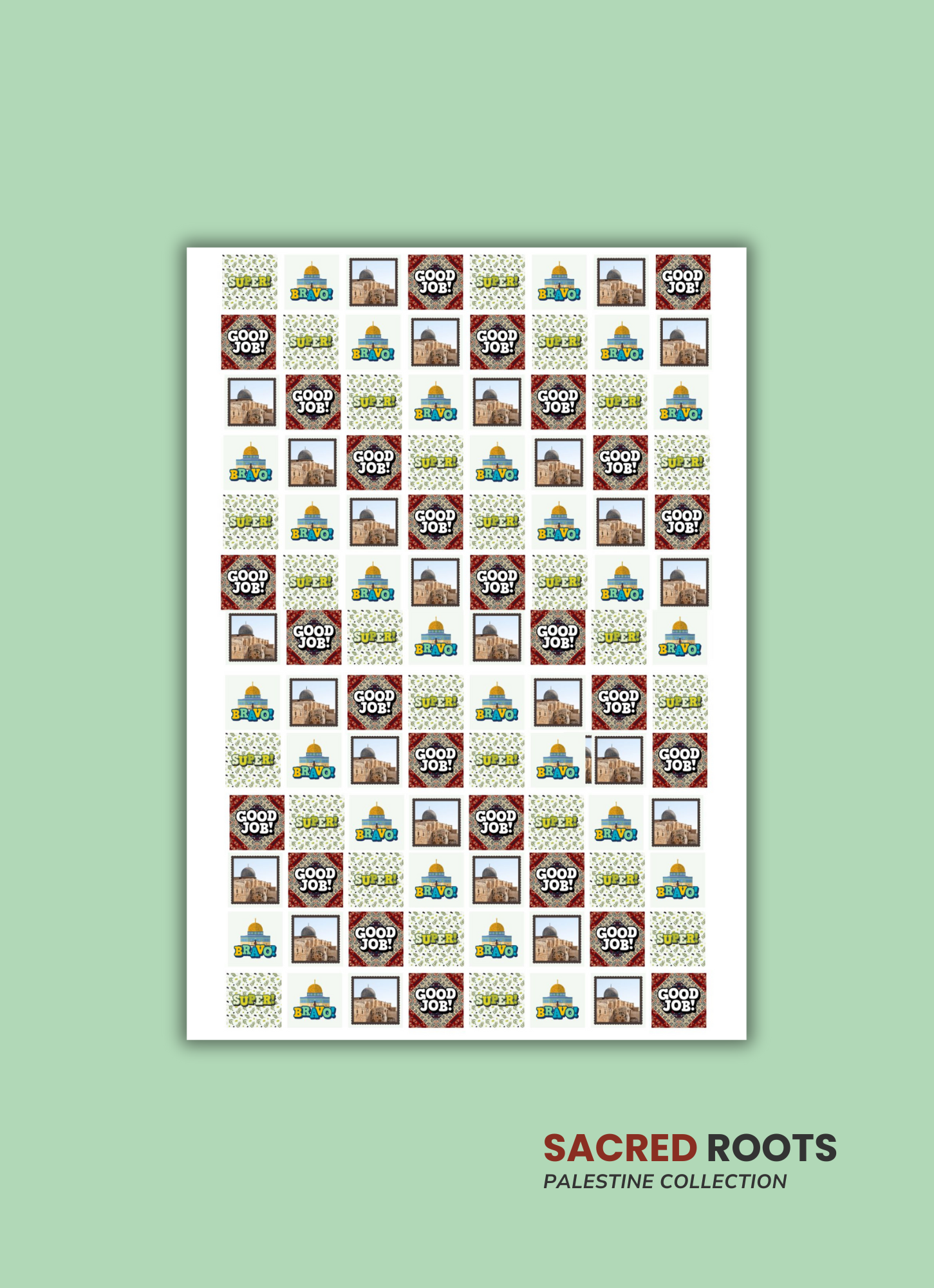 A poster titled "Sacred Roots: Palestine Collection" with a grid of colorful stickers featuring images and words like 'Bravo!', 'Good Job!', and 'Super!', along with pictures of a historical building and a dome.
