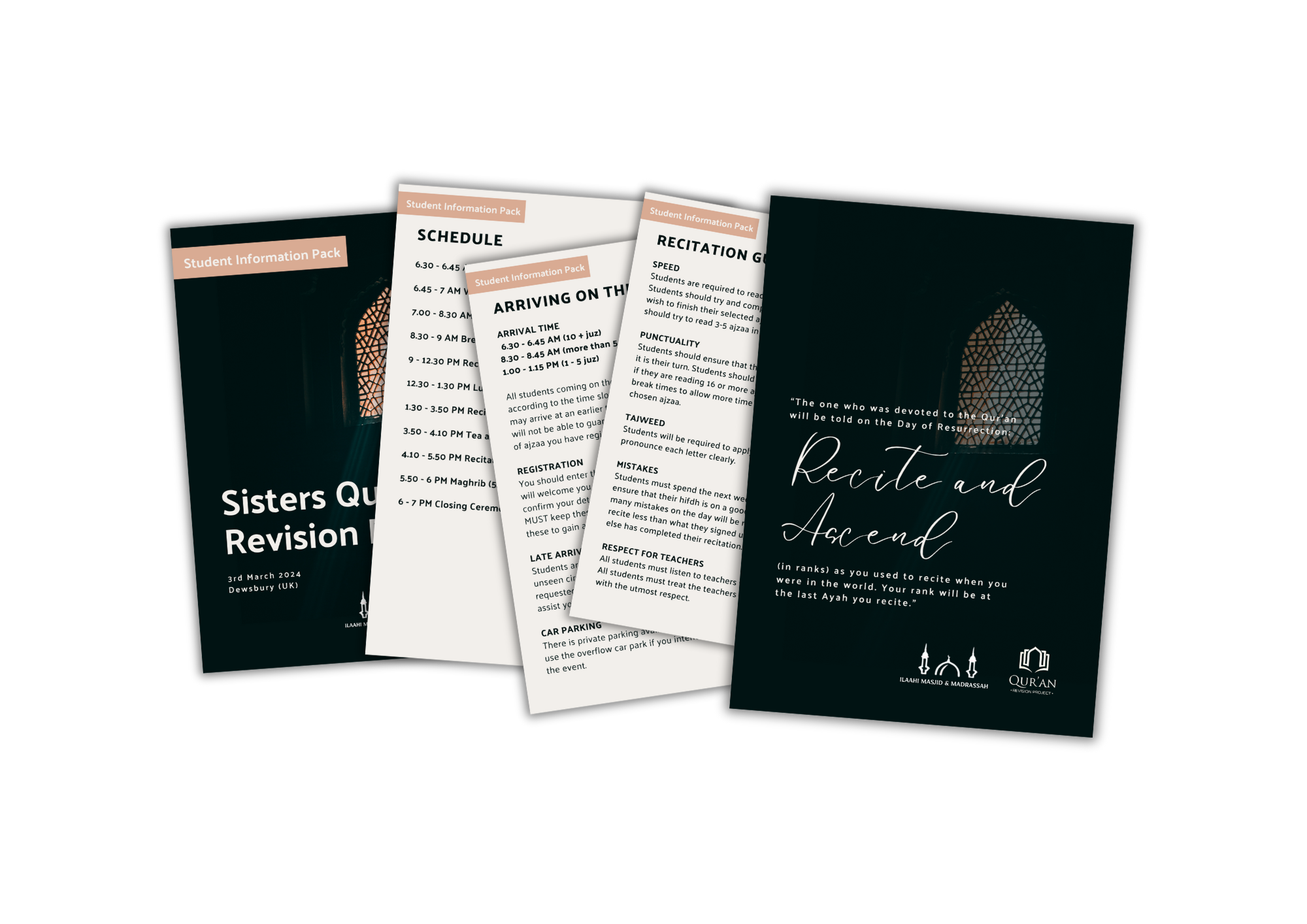 Four printed brochures for a Quran recitation event with schedules, guidelines, and inspirational quotes, displayed against a black background.
