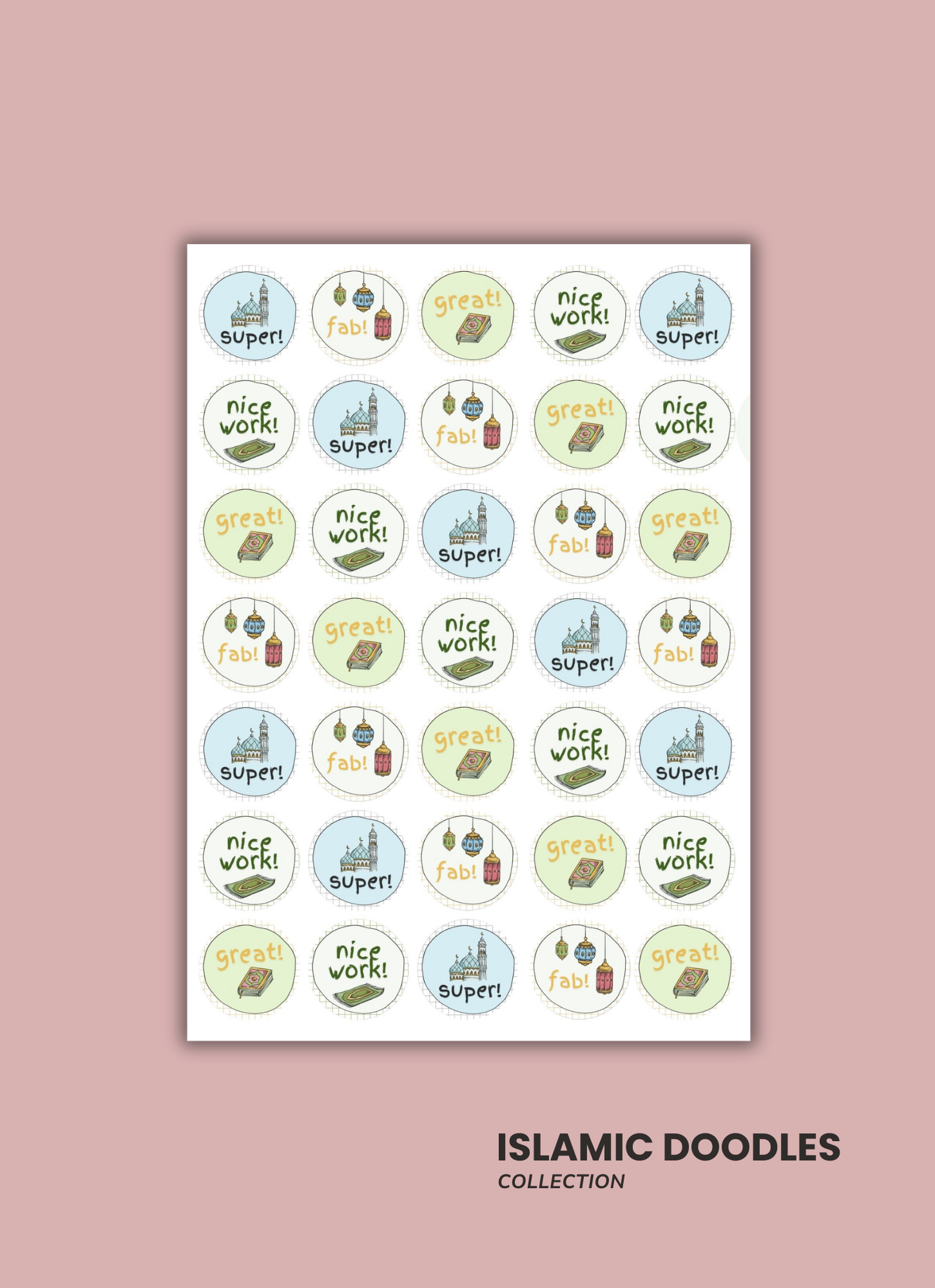 A collection of Islamic-themed doodle stickers with phrases like 'super!', 'fab!', 'great!', and 'nice work!', featuring images of mosques, lanterns, and books, arranged in a grid pattern.