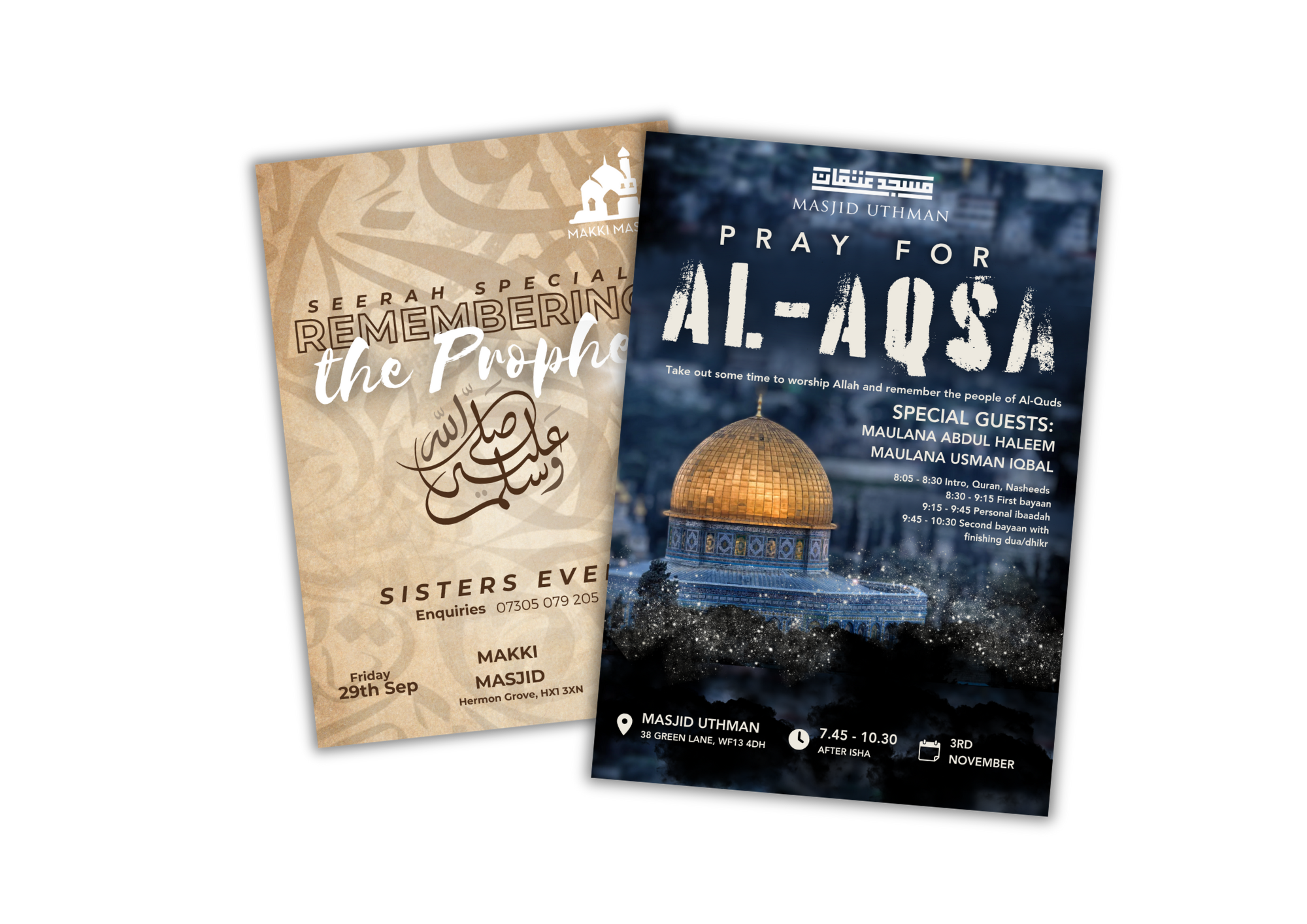 Two overlapping flyer posters for Islamic events. The front flyer is for a prayer event for Al-Aqsa, featuring a mosque dome, with details about the timings, guests, and location at Masjid Uthman. The back flyer is for a special remembrance event for the Prophet, with a beige background, Arabic calligraphy, and event details.