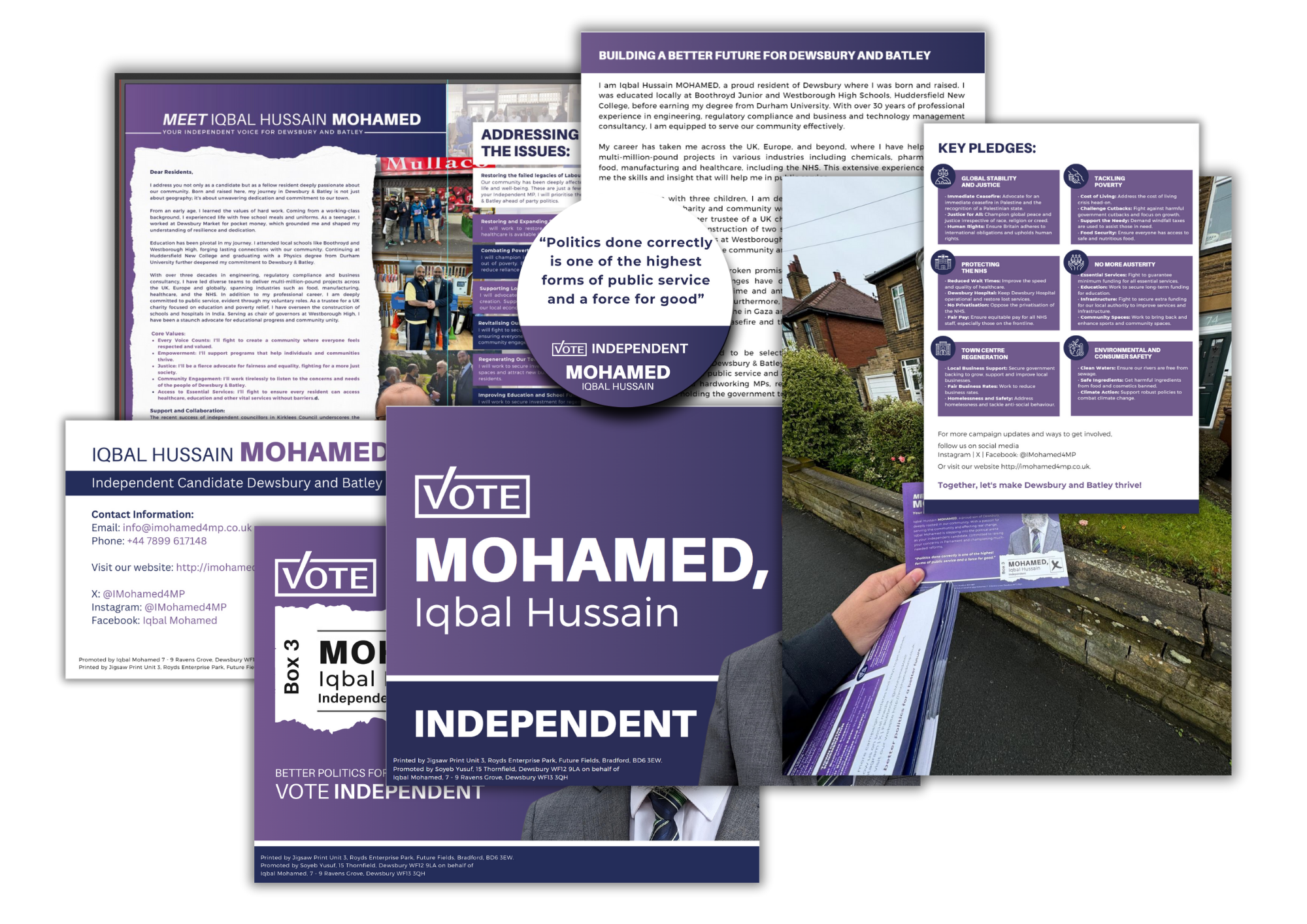 Campaign flyers for Iqbal Hussain Mohamed, an independent political candidate, featuring his name, photo, campaign slogan, key issues, and contact information, displayed outdoors on a street.