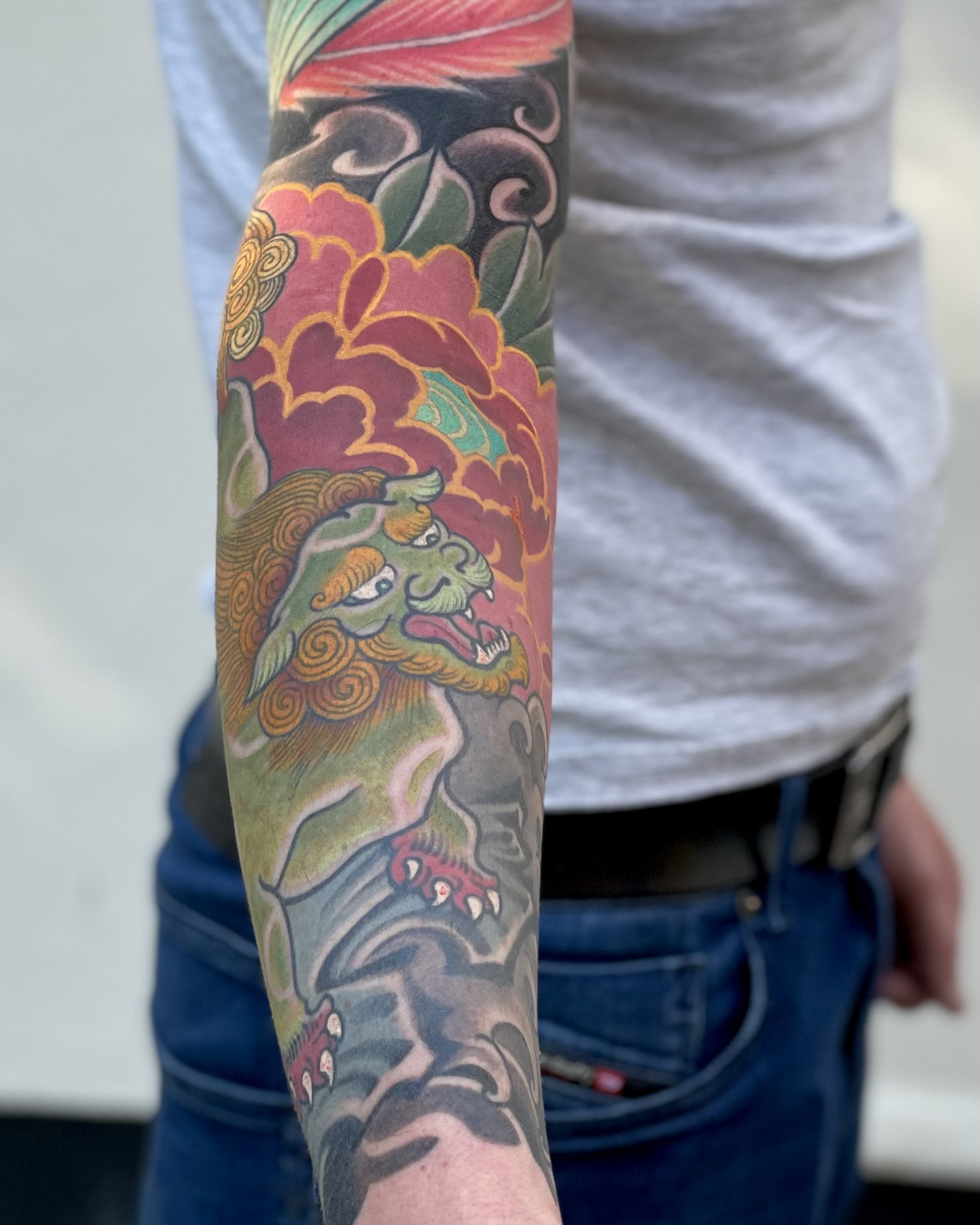 Japanese tattoo Foo dog peony