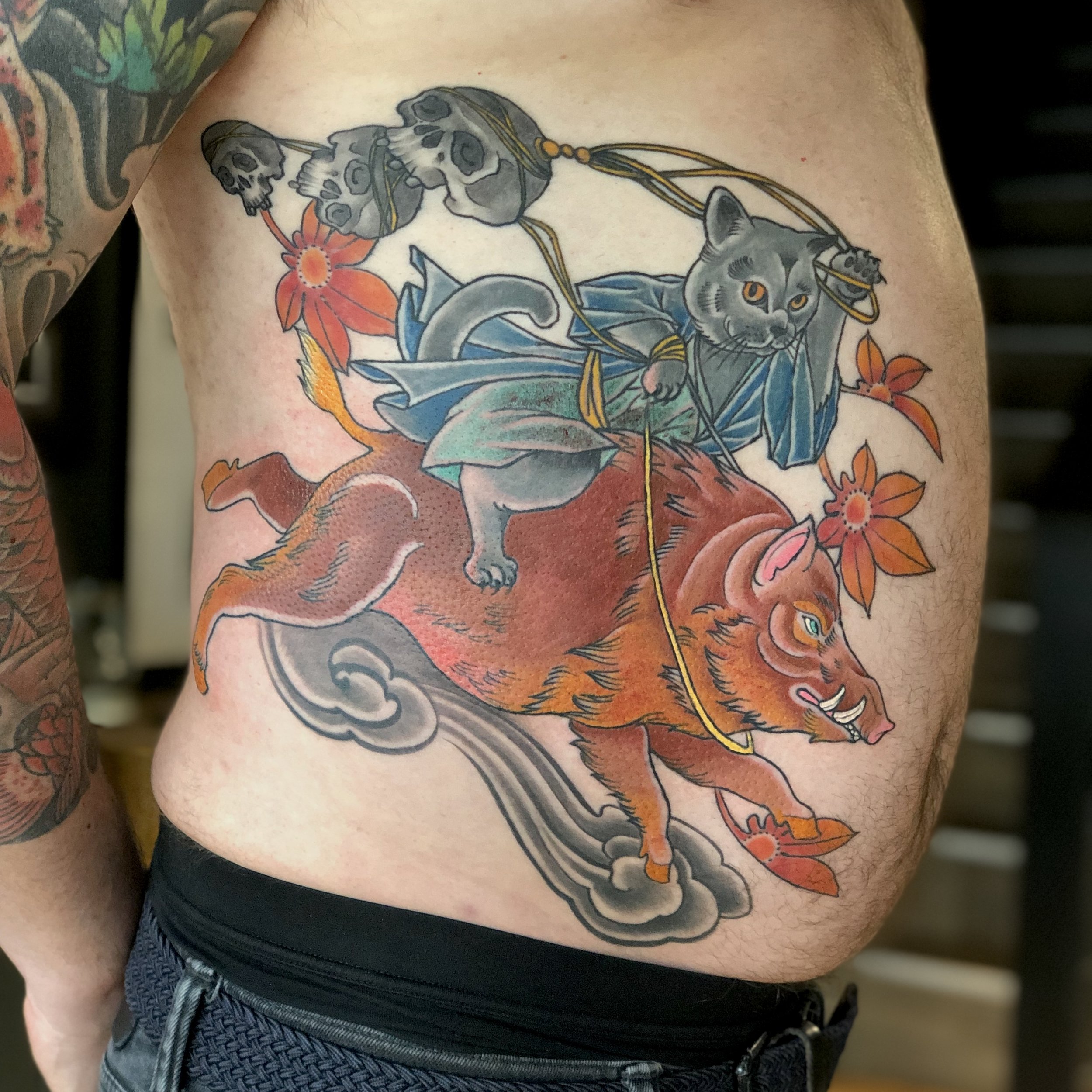 Japanese tattoo Cat and boar
