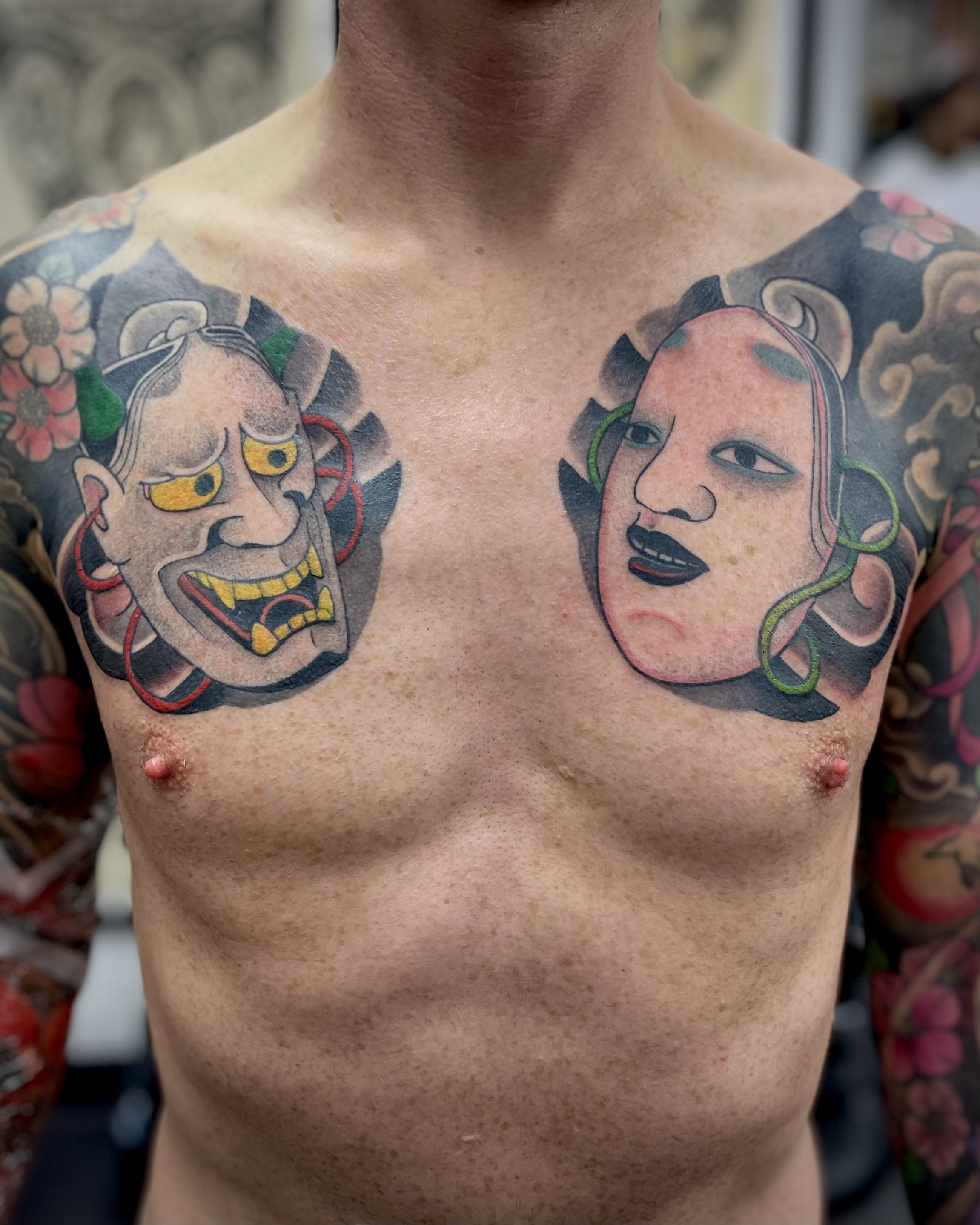 Japanese tattoo Hannya and ko omote mask