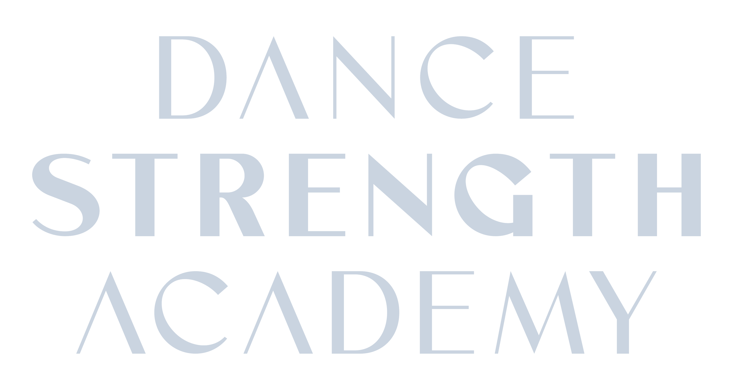 Text-based graphic with the words 'Dance Strength Academy' in large, stylized gray letters on a black background.