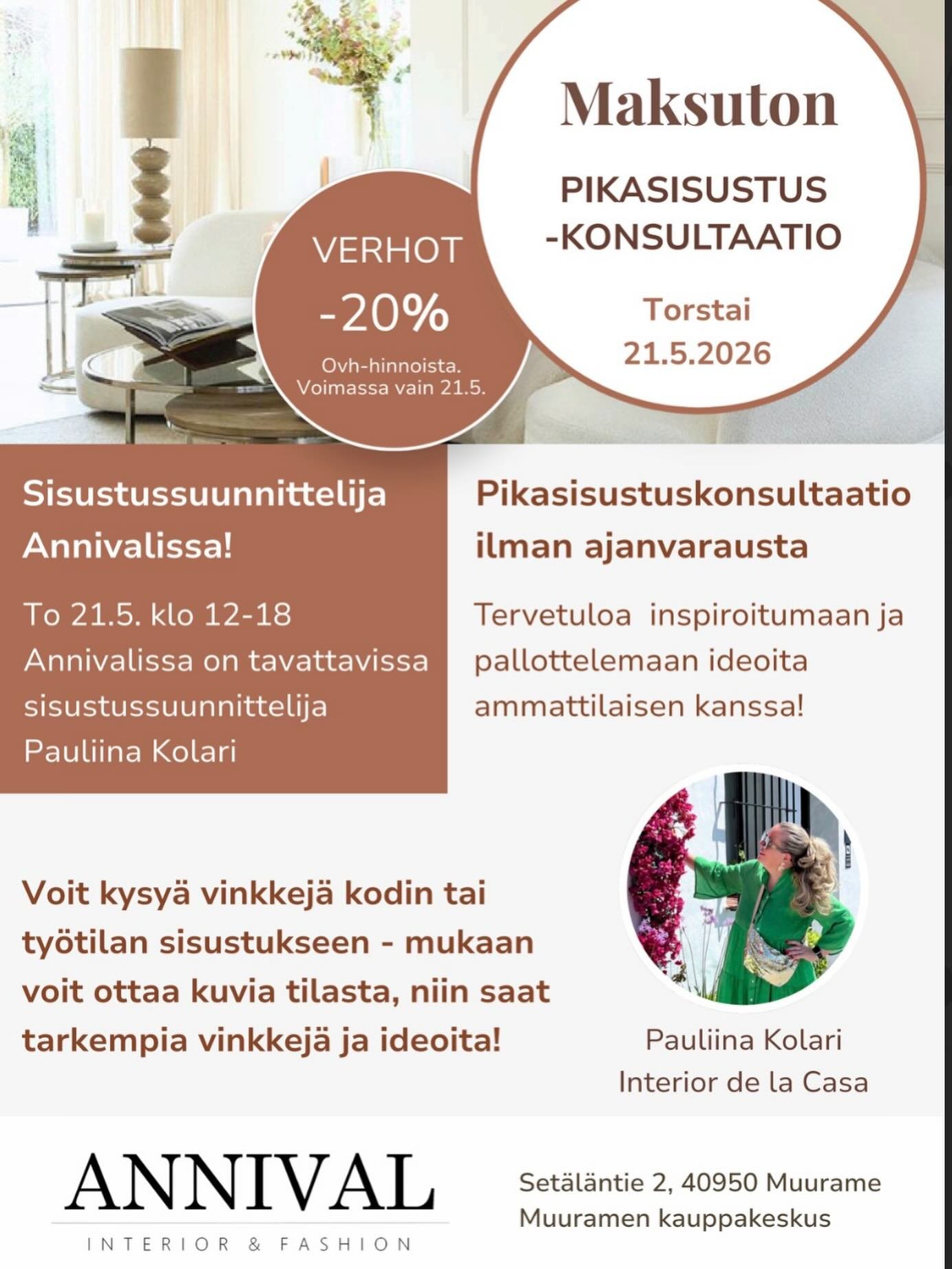 Tule tapaamaan minua Muurameen torstaina 21.5. klo 12-18 ❤️

#sisustuskonsultointi #sisustussuunnittelu #muurame @annival_lifestyle @interior_de_la_casa