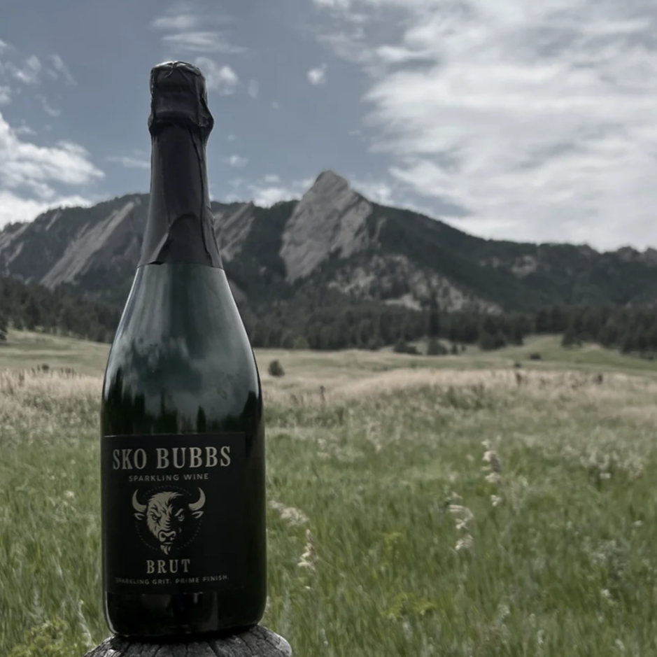 A bottle of Sk0 Bubbs sparkling wine with a mountain landscape in the background, including a cloudy sky and green fields.