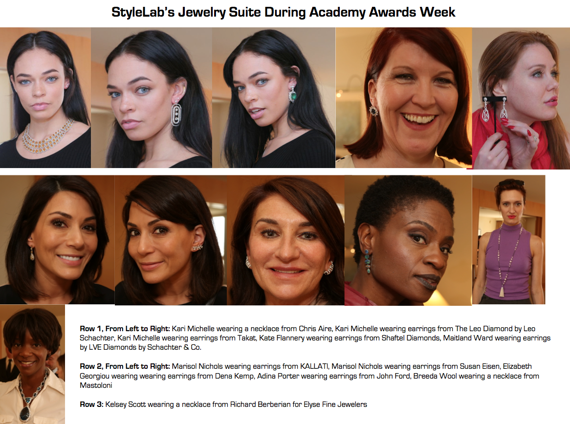 Group portrait of women during StyleLab's Jewelry Suite at Academy Awards Week, showcasing various earrings and necklaces.