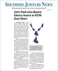 Southern Jewelry News article about John Ford winning Buyers Choice Award at AGTA Gem Show, featuring a blue gemstone necklace.