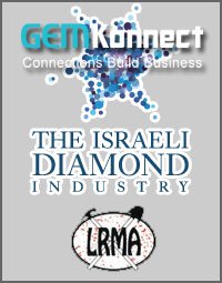 Logo for GEM Kuhnect with a star design made of blue dots, and text reading 'Connecting Israel's Diamond Industry' and 'The Israeli Diamond Industry' with a LRMA stamp.
