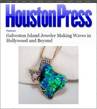 Cover of Houston Press magazine featuring a jewelry necklace with a large, colorful, gem-like pendant
