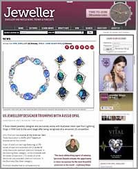 Online jewelry store webpage featuring a blue and green gemstone bracelet and matching earrings, with article text and navigation menus.