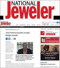Screenshot of the National Jeweler website featuring an article about John Ford's keynote at the AJAPD design awards.