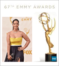 A woman in a yellow strapless top and dark skirt standing on a red carpet next to a gold Emmy statue at the 67th Emmy Awards.