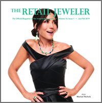 Cover of The Retail Jeweler magazine featuring a smiling woman in a black dress with a necklace and earrings, wearing a floral headband.