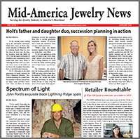 Front page of Mid-America Jewelry News with articles about Holt's father and daughter, and other jewelry-related topics.