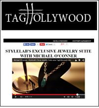 Screenshot of a website featuring TAG Hollywood, showing an article about Stylelab's exclusive jewelry collection with Michael O'Connor, including a photo of jewelry pieces.